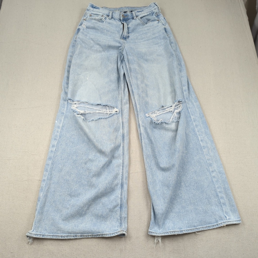American Eagle Jeans Womens 4 Blue Super High Rise Ultra Wide Leg Distressed